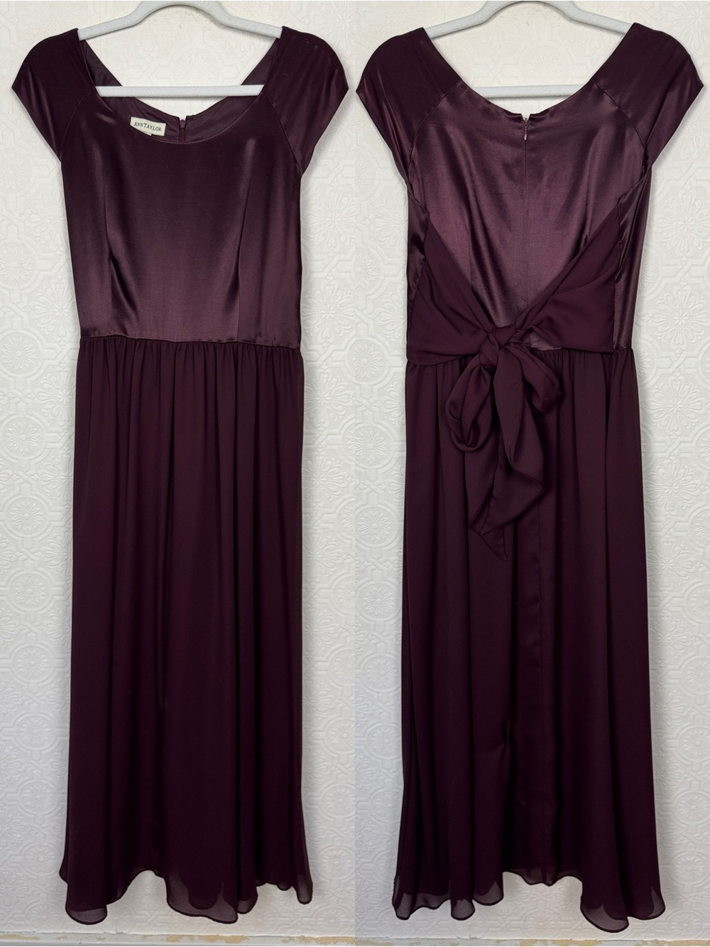 Vintage 90s Ann Taylor Plum Satin Midi Dress Size 8 Cap Sleeve Formal Occasion